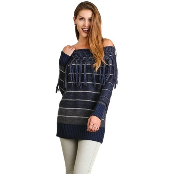 NWT Umgee Comfy Blue Striped Fringed Bohemian Off Shoulder Cotton Sweater - Picture 1 of 6